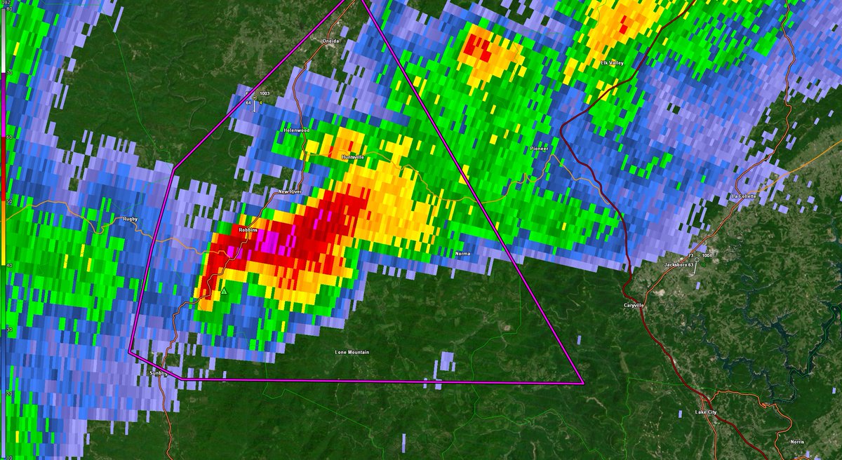NWSMorristown's tweet photo. Radar confirmed tornado near Sunbright with strong rotation continuing to move near Lone Mountain, Norma, Robbins, and Huntsville in Scott County. Take cover now!! https://t.co/vQeDXhHs44