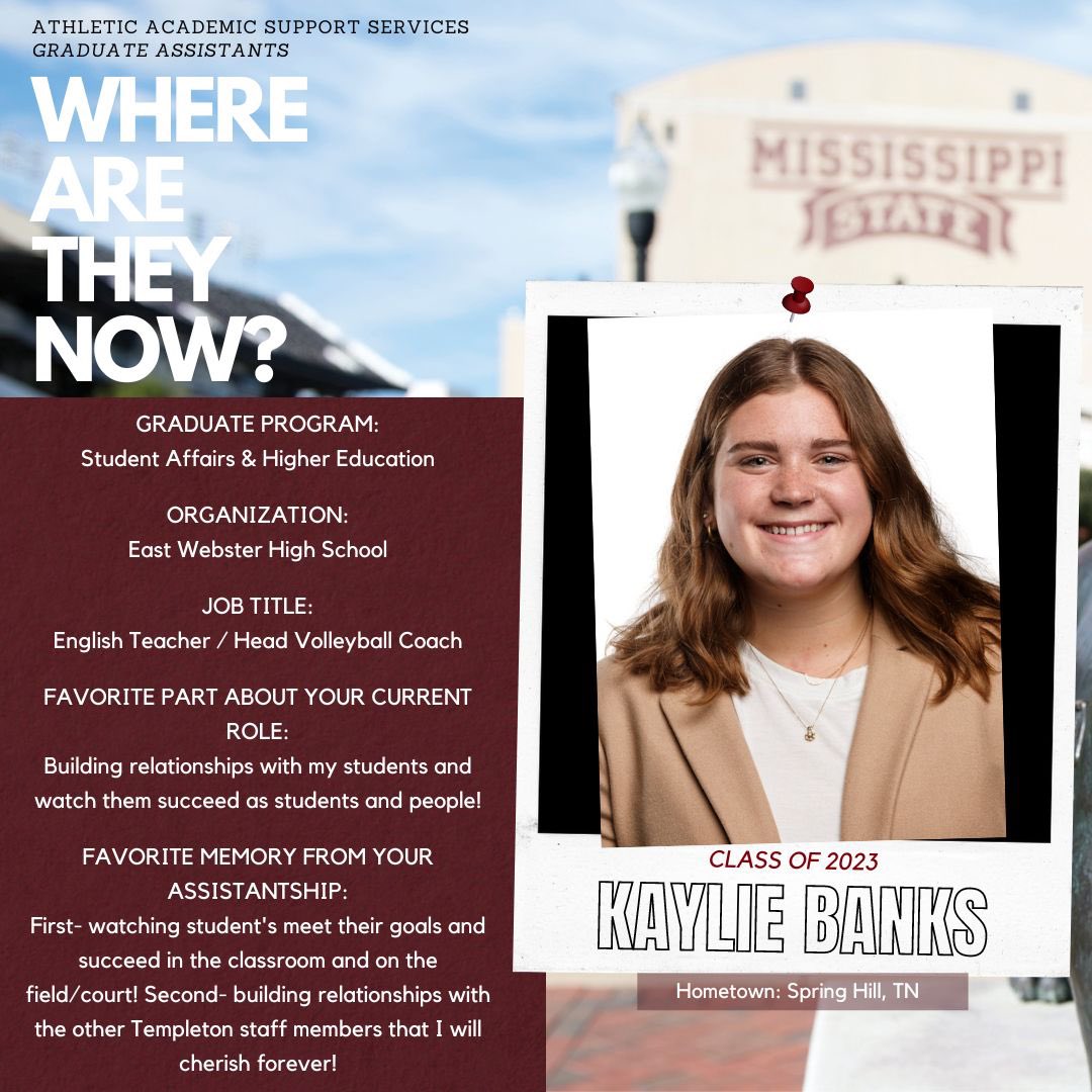 MSU Athletic Academics (@hailstatestudy) on Twitter photo GA Where Are They Now, Part 14:
𝓚𝓪𝔂𝓵𝓲𝓮 𝓑𝓪𝓷𝓴𝓼
Kaylie left her mark not only on athletic academics, but athletics as a whole during her graduate years here at State. Thank you for your commitment to education, <a href="/kayliembanks/">kaylie banks</a> !
#GAWhereAreTheyNow #HailState GA Where Are They Now, Part 14:
𝓚𝓪𝔂𝓵𝓲𝓮 𝓑𝓪𝓷𝓴𝓼
Kaylie left her mark not only on athletic academics, but athletics as a whole during her graduate years here at State. Thank you for your commitment to education, <a href="/kayliembanks/">kaylie banks</a> !
#GAWhereAreTheyNow #HailState