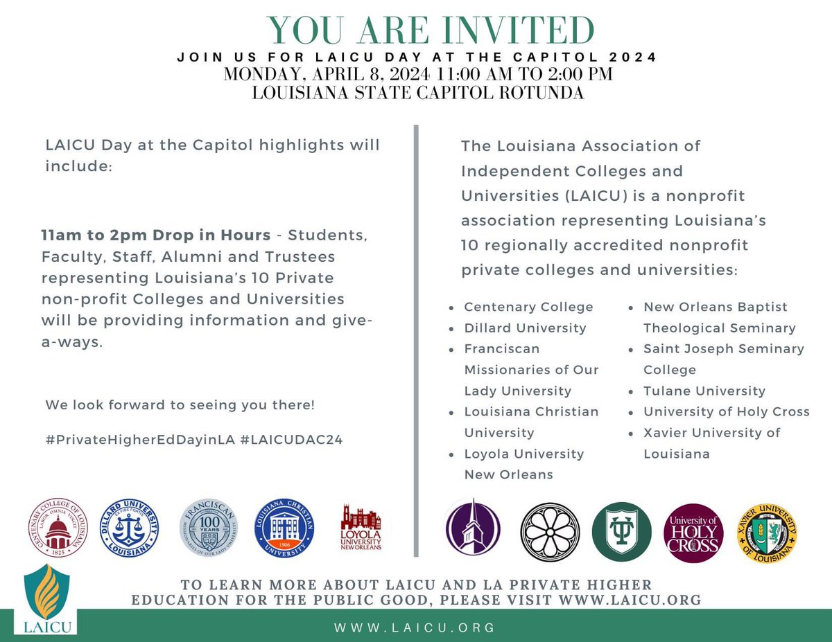 It’s that time again! Join us for LAICU Day at the Capitol! #PrivateHigherEdDayInLA #LAICUDAC24 @CentenaryLA @du1869 @FranUbr @LC_University @LoyolaNOLANews @NOBTS @Tulane @UofHC @XULA1925