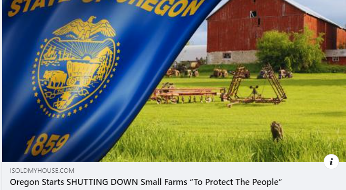 Oregon Starts SHUTTING DOWN Small Farms “To Protect The People” 

The #DeepState and #Psychopaths in charge are going to push and push and push....

#farming #SmallFarms #FamilyFarms #WaterRights #PropertyRights #SelfReliance #WEF #GreatReset #CranialRectalExtraction