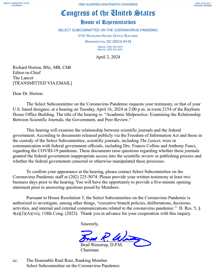 🚨NEW🚨 We invited the Editors-in-Chief of @TheLancet, @ScienceMagazine, & @Nature to testify. Did the U.S. government censor & direct the scientific review process at these top scientific journals to advance a preferred narrative about COVID origins? Answers on April 16👇
