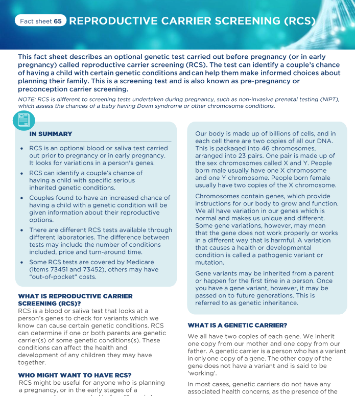 Want to know more about #Reproductivecarrierscreening? Resources to support health professionals and their patients understand reproductive carrier screening can be found at the Centre for Genetics Education genetics.edu.au/SitePages/Repr… @RACGP @ACRRM @NSWHealth @ranzcog @GCAustralasia