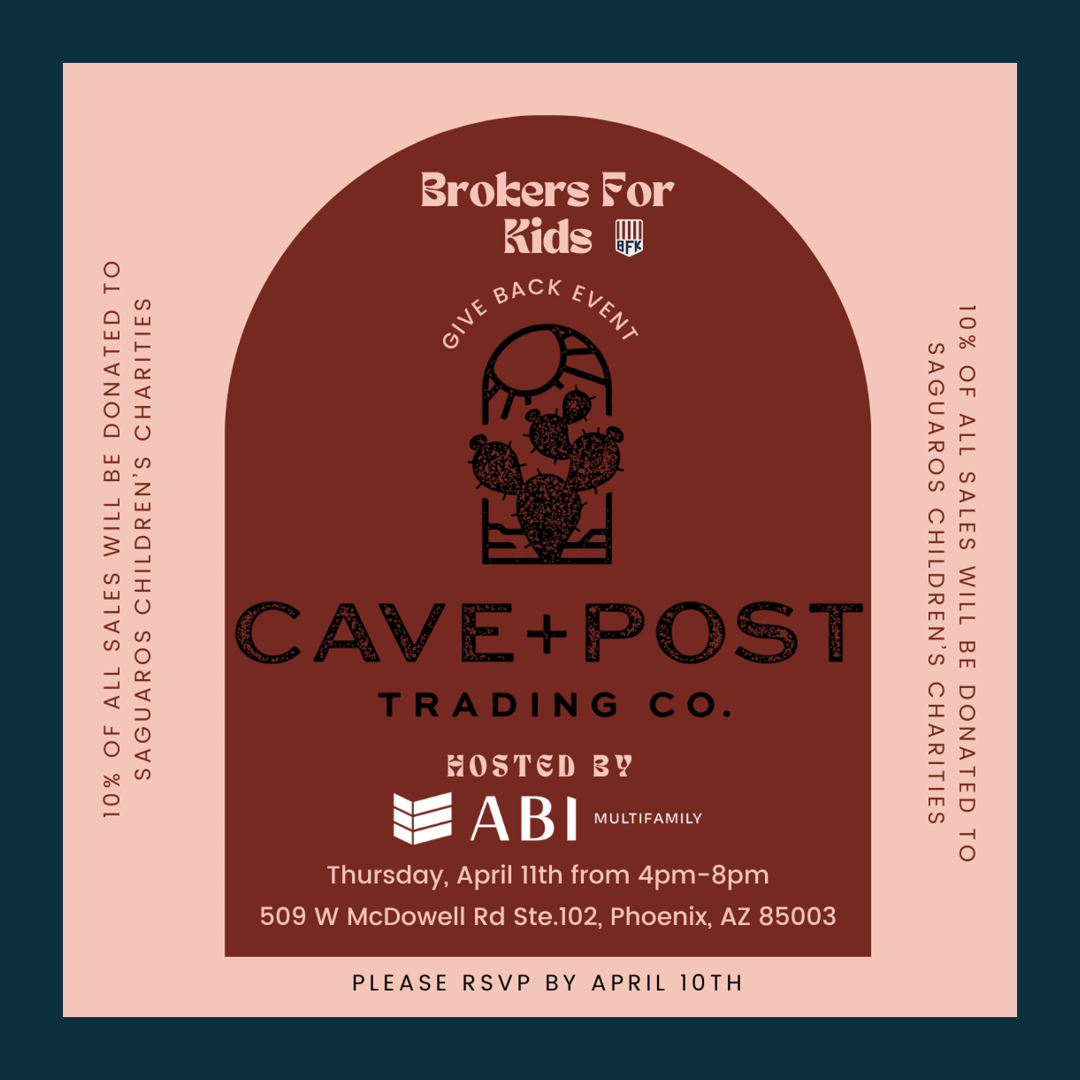 Join us on April 11th, from 4-8 pm at Cave + Post for a Give Back Event supporting Brokers For Kids! 🎈 10% of all sales will benefit Saguaros Children's Charities. Let's make a difference together! RSVP by April 10th: linktr.ee/abimultifamily
#brokers #cre #charity #phoenix