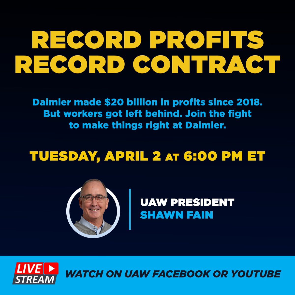 Starting soon! Join UAW President Shawn Fain at 6 pm ET on Facebook Live to stand with workers at Daimler Truck. #StandUpDaimler #StandUpUAW