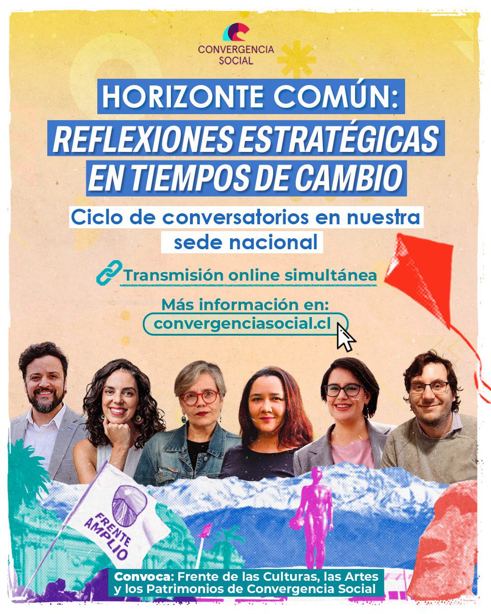 No te pierdas los conversatorios 'Horizonte común: reflexiones estratégicas en tiempos de cambio', organizado por nuestro Frente de Culturas, las Artes y los Patrimonios en el marco de unificación del Frente Amplio✊ 📱Revisa más detalles en nuestra web convergenciasocial.cl