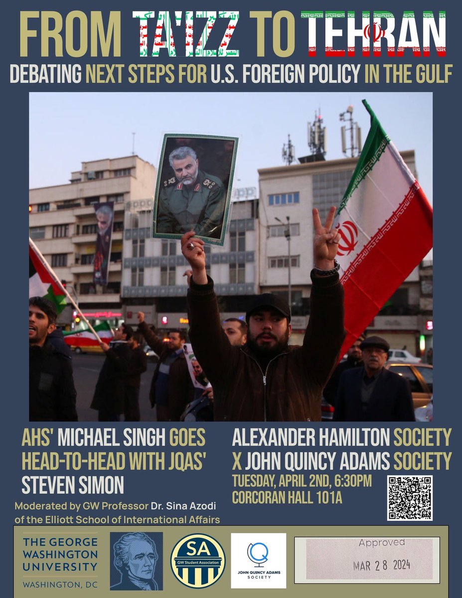 TONIGHT | WASHINGTON D.C. 

A @jqasociety @hamiltonsoc debate on America's Iran policy with QI's @sns_1239 and @MichaelSinghDC, moderated by @Azodiac83.

RSVP: eventbrite.com/e/from-taizz-t…