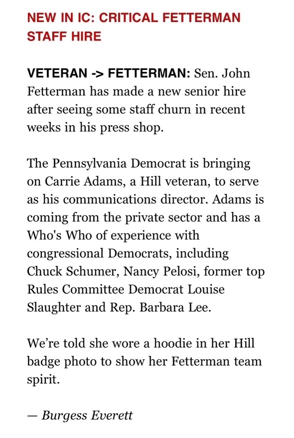 Thrilled to welcome the inimitable Carrie Adams (@madamcadams on here) to team Fetterman as our new Communications Director! A real pro with a “who’s who” of Hill experience, we are beyond psyched to have her on board. 🎉