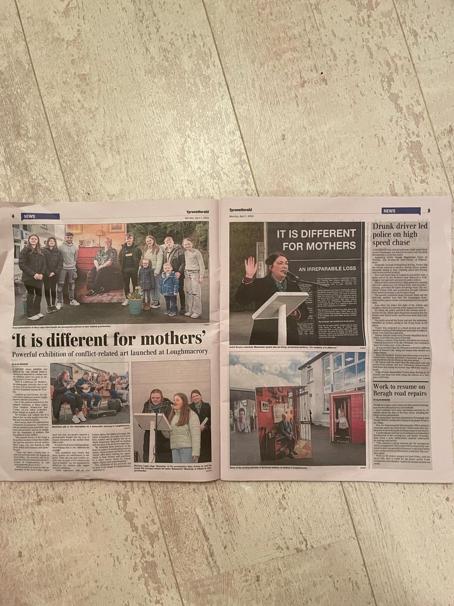 A front page and two full pages in this week’s Tyrone Herald about the It’s Different for Mothers Exhibition at Loughmacrory until May 31st