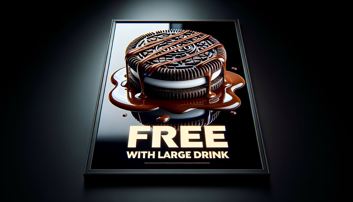 Love using Ai for ads....
Here is prompt
Advertising poster of a white chocolate drizzle covered oreo cookie with a sign that says 'Free with large drink',
Black background with shiny reflective surface, high resolution image

Using gpt 4 trained 'Business image Pro' 
#aiads