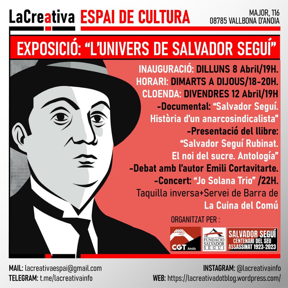 FundacioSegui's tweet photo. A partir del dilluns podreu visitar l’exposició del centenari a Vallbona d’Anoia. Presentarem l’antologia i passarem el documental. Gràcies a @LaCreativaEspai https://t.co/ElzMQeEXP7