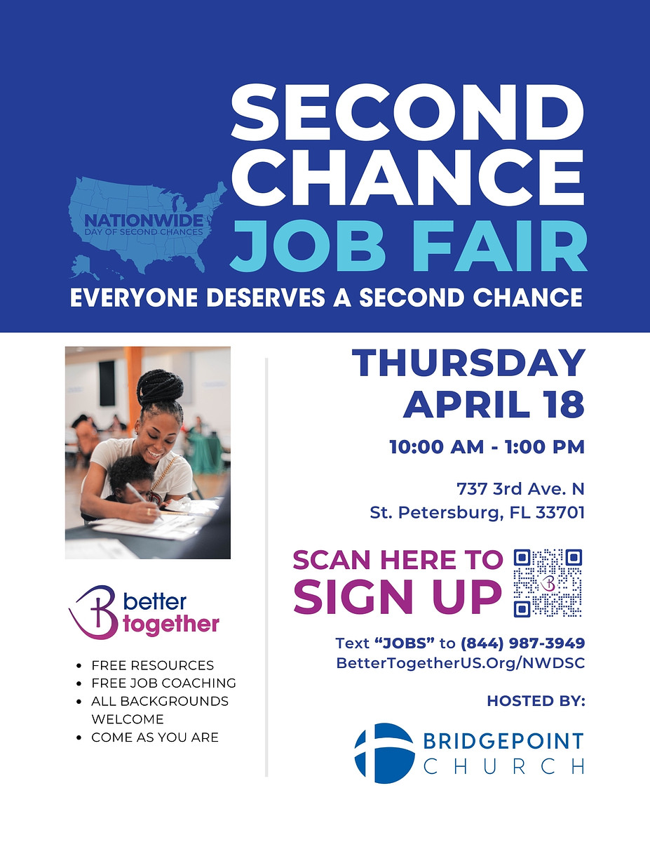 🌟Mark your calendar for @bridgepointfl's 2nd Chance Job Fair!
🗓Date: Thurs, April 18th, 10am-1pm
📍Location: BridgePoint Church, 737 3rd Ave N, St Pete
📲RSVP: bettertogetherus.org/events/st-pete…

#EndingHomelessnessTogether #PinellasCoC #NationwideDayOfSecondChances @pinellascoc @stpetefl