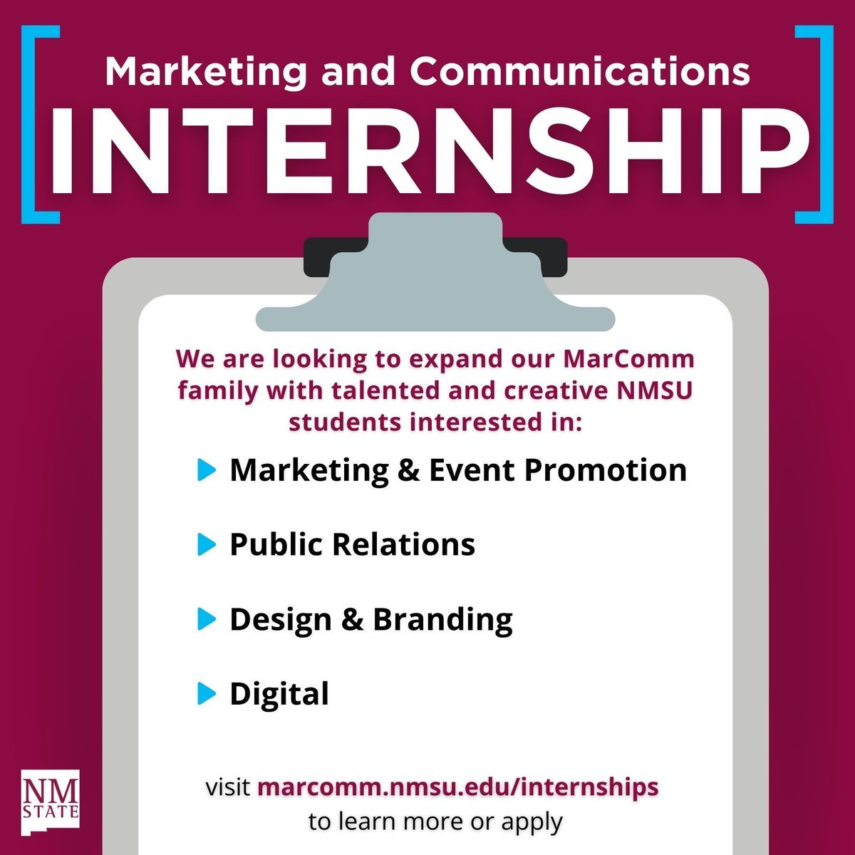 Calling NMSU students! 📣 Seeking an internship for class credit? Passionate about graphic design, PR, photography, videography, or marketing? Join our MarComm family! ✨ Apply now at buff.ly/3VJfTi2