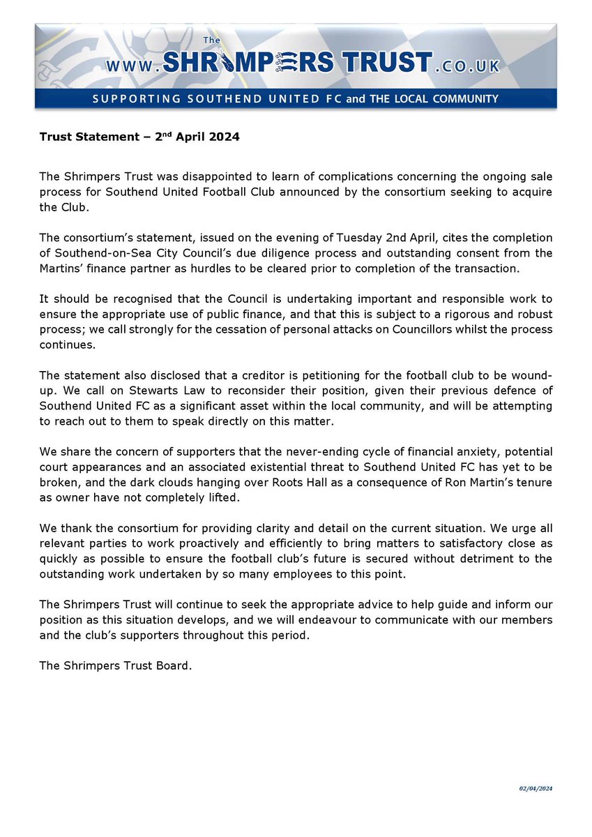 Trust Statement - 2nd April 2024 The Shrimpers Trust was disappointed to learn of complications concerning the ongoing sale process for Southend United Football Club announced by the consortium seeking to acquire the Club. shrimperstrust.co.uk/latest-news/st…