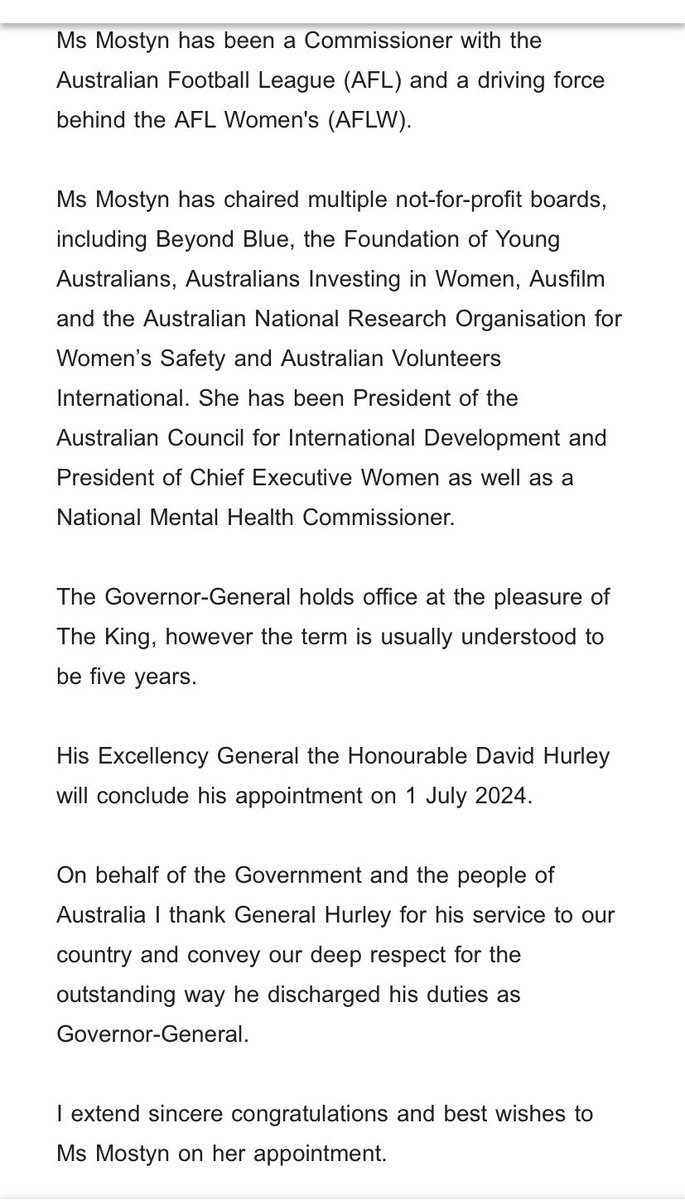 JoshButler's tweet photo. Samantha Mostyn will be Australia's new governor general, PM Albanese announces 

David Hurley's term to finish 1 July https://t.co/2df5dXctMv