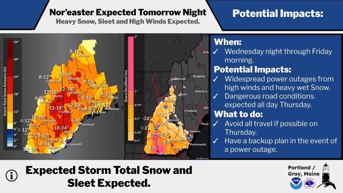 NWSGray's tweet image. Good evening.  A Nor'easter is expected to move through  New England tomorrow, bringing significant snow and sleet to New Hampshire and Maine. Here's a look at what we are expecting. #NHwx #MEwx