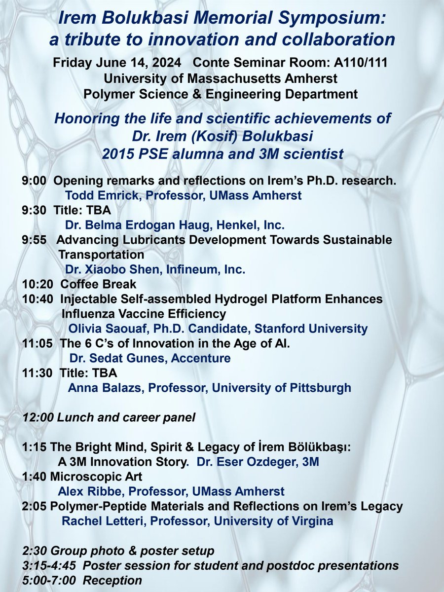 Join us on June 14 to remember Irem Bolukbasi, a phenomenal polymer scientist and friend. Registration is free, so we hope you'll consider attending, bringing students (there's a poster session), and contributing to the memorial fund! Details & register: irembolukbasimemorialsymposium.com