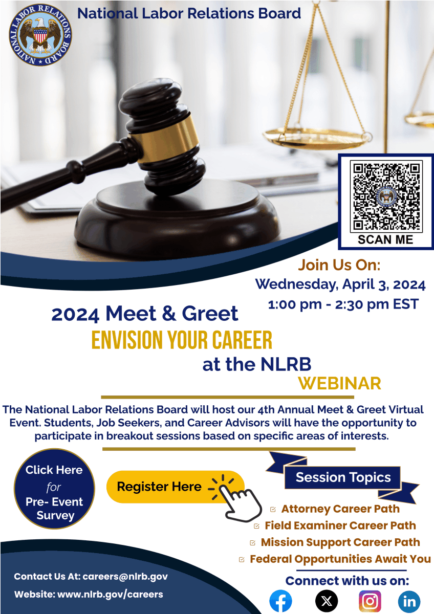 For anyone who is interested in a public service career in the federal sector, check out this session with the National Labor Relations Board (NLRB) happening tomorrow! You can RSVP here: nlrb.yellogov.com/app/collect/ev…