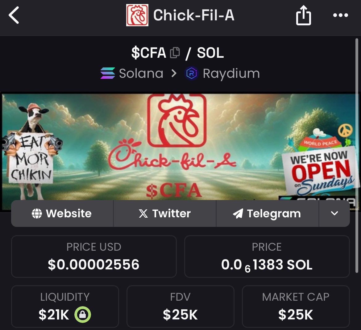 Discovered this gem sub 25k. The world’s favorite chicken currently at 25k mc and 100 holders  but will reprice to 25M mc $CFA