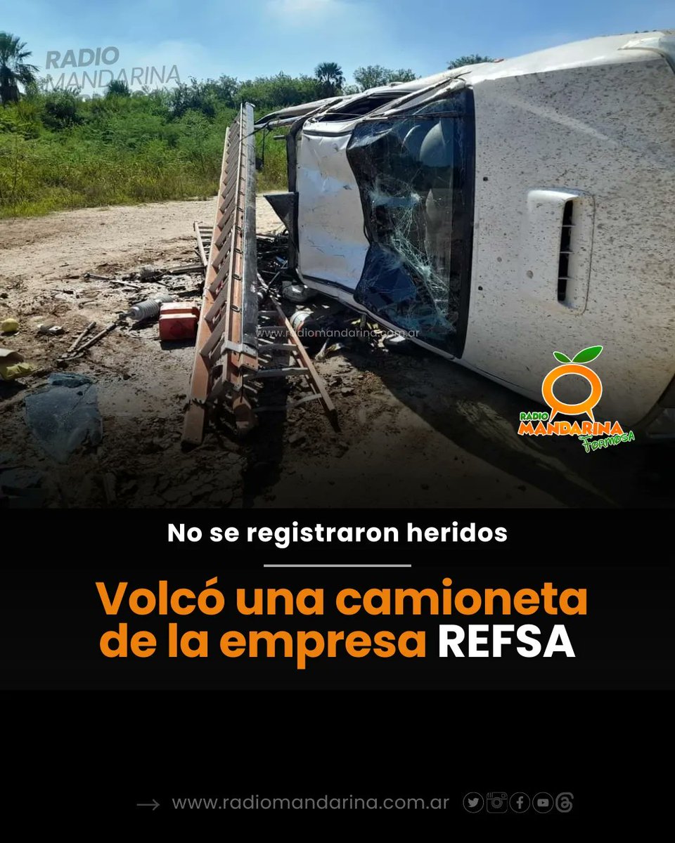 Riacho He Hé 🔴 El vehículo y los ocupantes pertenecen a la Empresa REFSA.

‼️Alrededor de las 10.20 Hs. de este lunes, el vuelco habría sido producto de un desperfecto mecánico.