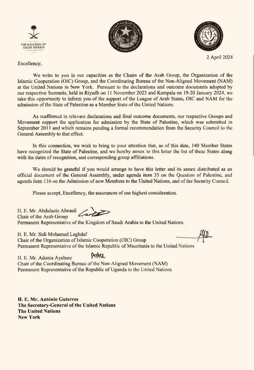 In parallel to the letter by the State of Palestine, the Arab Group, #OIC, and #NAM sent letters to @antonioguterres, @UN_PGA, and @_VanessaFrazier 🇲🇹, supporting the application of the State of #Palestine and its admission to the United Nations 🇵🇸 🇺🇳