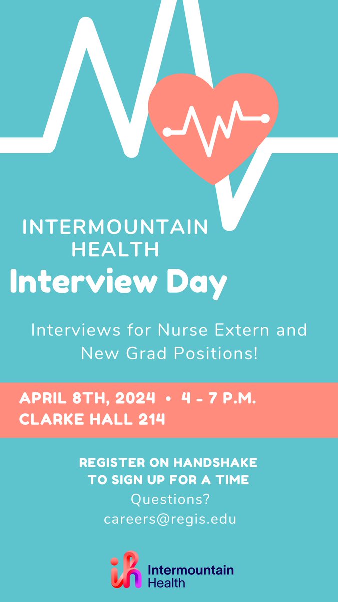 RegisCareers's tweet photo. @Intermountain is hiring Nurse Externs &amp; New Grad RN’s!

Join us on 4/8 from 4-7 PM  in Clarke 214 to meet with reps from @lutheranmedctr @PlatteValleyMed &amp; @StJoesDenver &amp; @GoodSamColorado 

Register now at https://t.co/xAvRti3rzn. Dress professionally and bring your resume! https://t.co/Ebif80xhbK