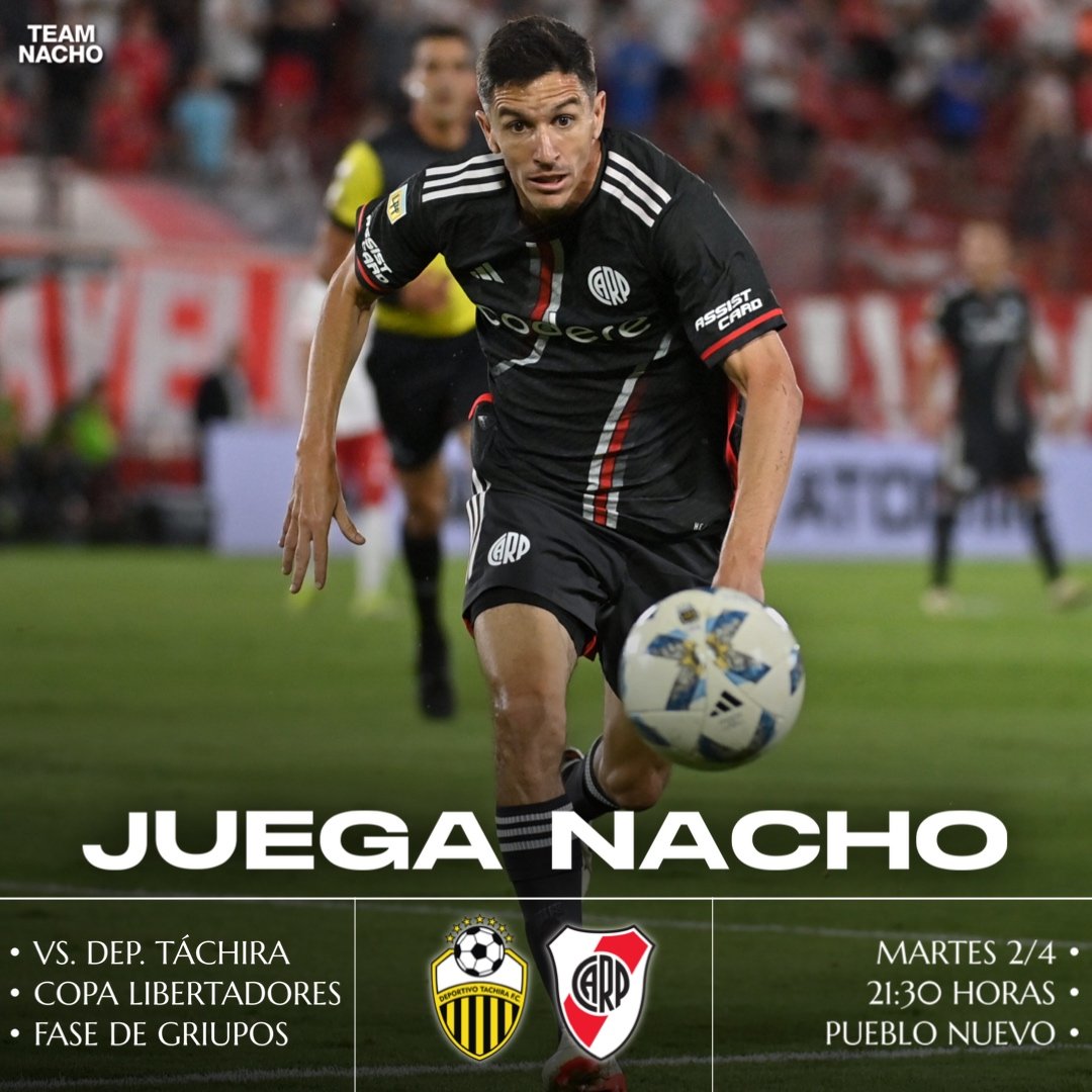 Team Nacho (@teamnacho26) on Twitter photo 🤍❤️ PONE PRIMERA 🏆
💪 <a href="/RiverPlate/">River Plate</a> debuta por <a href="/Libertadores/">CONMEBOL Libertadores</a> en Venezuela ante Deportivo Táchira. El encuentro será a las 21:30hs. Comienza una nueva ilusión para el público millonario.
🧠 #JuegaNacho #VamosRiver 🤍❤️ PONE PRIMERA 🏆
💪 <a href="/RiverPlate/">River Plate</a> debuta por <a href="/Libertadores/">CONMEBOL Libertadores</a> en Venezuela ante Deportivo Táchira. El encuentro será a las 21:30hs. Comienza una nueva ilusión para el público millonario.
🧠 #JuegaNacho #VamosRiver