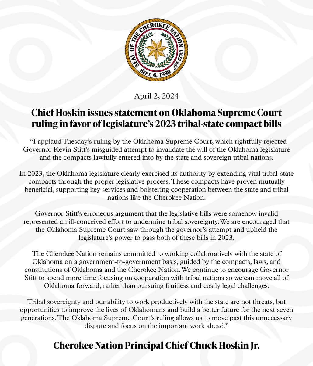 Chief @ChuckHoskin_Jr issues statement on Oklahoma Supreme Court ruling in favor of legislature’s 2023 tribal-state compact bills