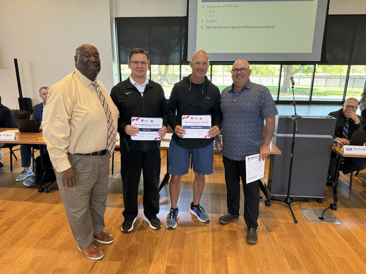 🏆🎉 2022/2023 NFHS Coaches of the Year! 🌟 Congratulations:🥎 Charlie Pikas - Pacheco 🏀 Mark Lee - Placer ⚾ Paul Martinez - Oakmont 🎾 Dale Eckenburg - Rocklin Thank you for your dedication to SJS students! 👏👏 #CoachesOfTheYear #SJS #Congratulations 🎉🏆