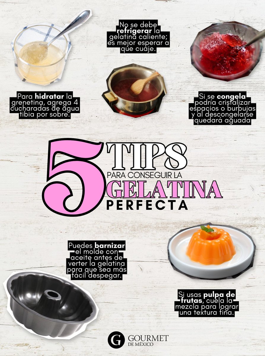 gourmetdemexico's tweet photo. ¡Domina el arte de preparar gelatinas perfectas con nuestros útiles tips! 🍮 Desde la temperatura del agua hasta los moldes, te compartimos todo lo que necesitas saber para sorprender con tus postres. 

#Gelatinas #TipsGourmet #GourmetDeMéxico https://t.co/AF2JlDdpf4