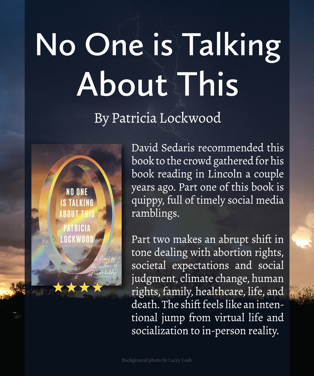 coloringwlacey's tweet photo. "No One is Talking About This" by Patricia Lockwood (a review) Part one is quippy, full of timely social media ramblings. Part two makes an abrupt shift in tone, jumping from virtual life to difficult things and in-person reality.
⭐⭐⭐⭐ https://t.co/7TUF8kVhe4