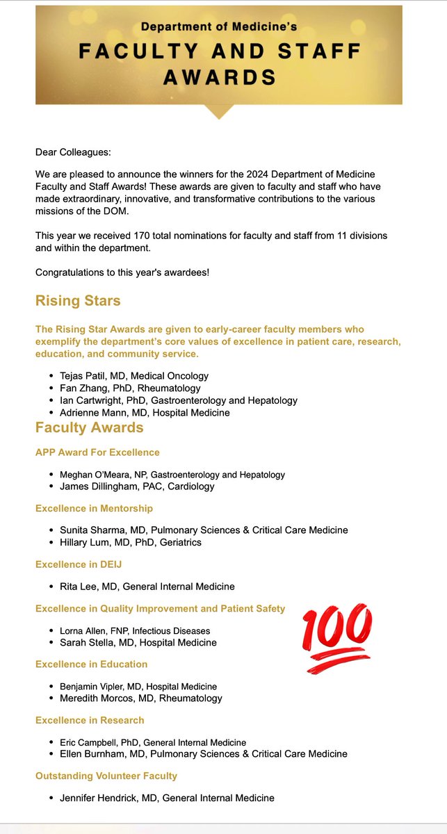 Congratulations to all the @CUDeptMedicine awardees and particularly @DenverHealthMed hospitalist Sarah Stella- winner in Excellence in Quality Improvement and Patient Safety! @SarahStella17 work improving care for patients experiencing #homelessness is remarkable.