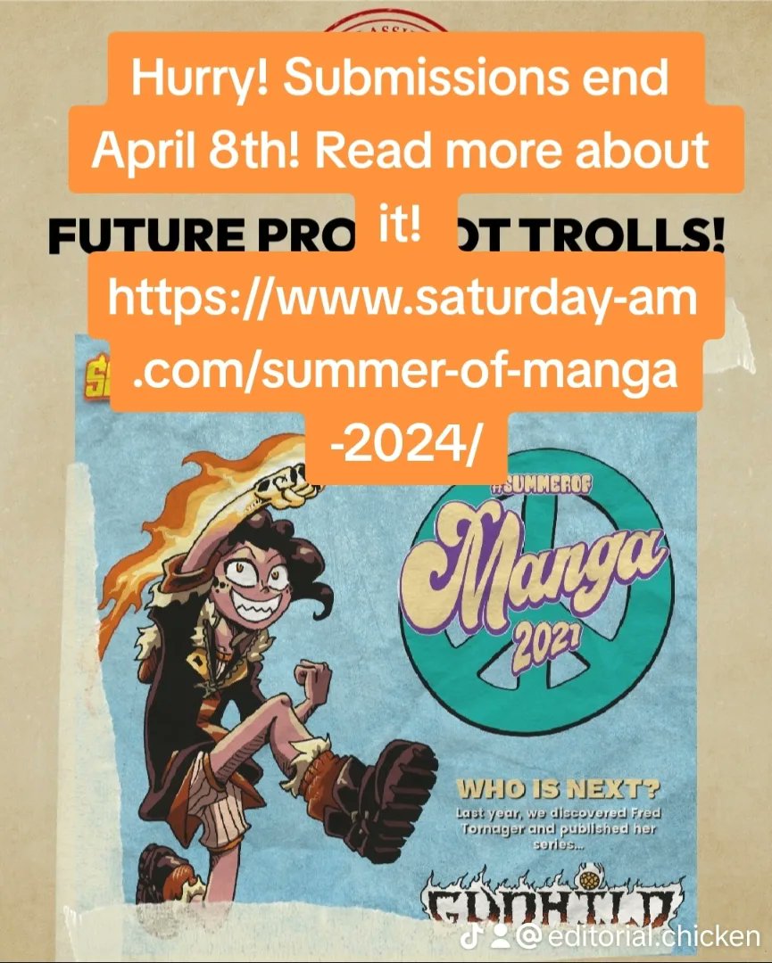 #Summerofmanga is back! @Saturday_am

But isn't the real reward... The chance to work with me? 🐔

... Okay fine you get a chance at $1000 too.🙄

Read more about it here: saturday-am.com/summer-of-mang…
