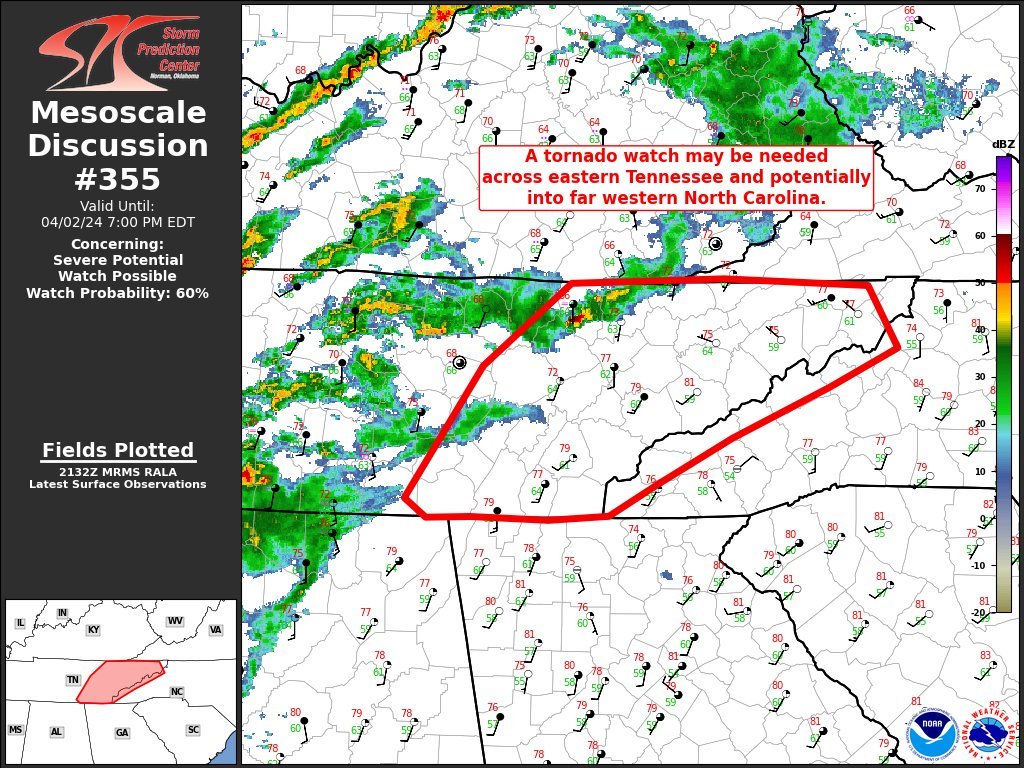 new #TornadoWatch needed soon in E #Tennessee and W #NorthCarolina esp #Chattanooga,#Knoxville,#JohnsonCity,#Kingsport,#BristolTN,#Morristown,#CrossvilleTN,#ClevelandTN,#AthensTN,#MurphyNC
#Wxtwitter #SPC #SevereWX #Tornado #Hail #Wind #TNwx #NCwx