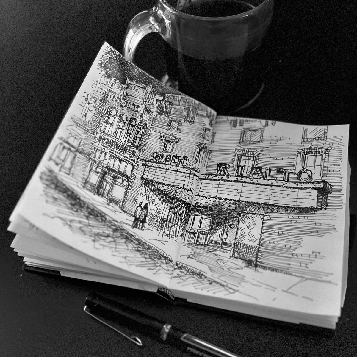 04.02.24 | #coffeesketch 
.
#formfollowsfiction #art #architecture #film #theater #inspiration #sketchbook #inksketch #quicksketch