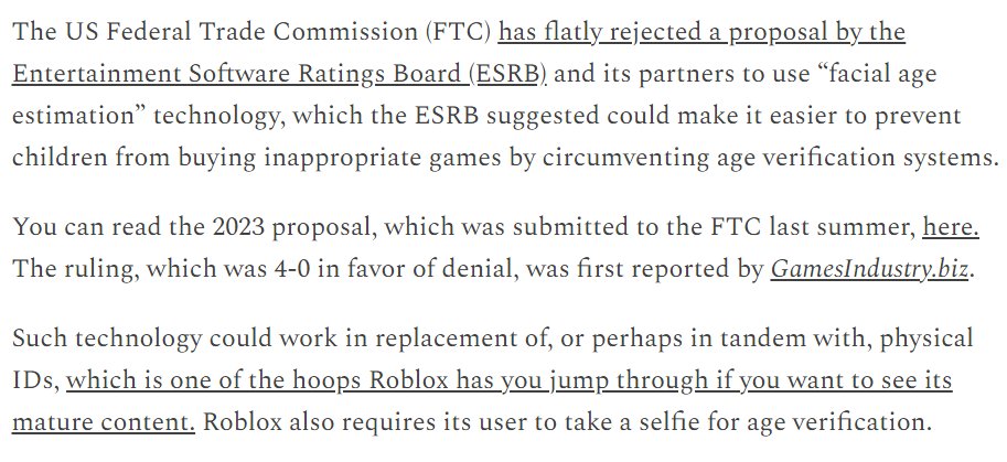 FTC rejects ESRB proposal to use 'facial age estimation' technology (for now) patrickklepek.substack.com/p/ftc-rejects-…