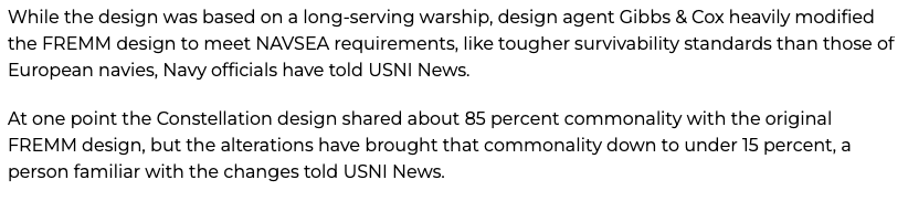 And there you have the explanation. NAVSEA consistently moving the goal posts and throwing away the original advantages of a mature design.