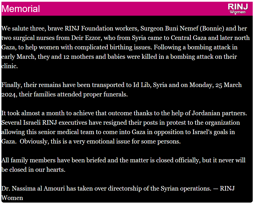 RapeIsNoJoke's tweet photo. 3 RINJ Foundation workers, Surgeon Buni Nemef &amp; her 2 surgical nurses from Deir Ezzor, came to Central Gaza &amp; later north Gaza, to help women with complicated birthing issues. A bombing attack in early March killed them &amp; 12 mothers &amp; babies. 
https://t.co/ExSn7sdUdt https://t.co/NZzJhayH6Q