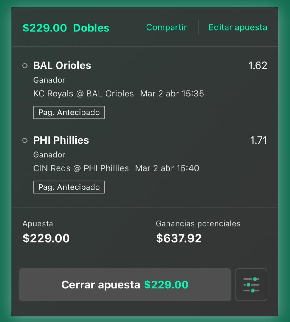 PiwuizaPicks's tweet photo. ⚾️MLB
🇺🇸Royals vs Orioles ➕ Reds vs Phillies
🕣3:35 P.M. y 3:40 P.M. hora México 🇲🇽 respectivamente
Pick: Orioles Win + Phillies Win
💵Cuota: 2.78
➡️Bank recomendado: 5%

#FreePick #GamblingTwitter #TwitterApuestas #MLBPicks https://t.co/yD8lUewhuC