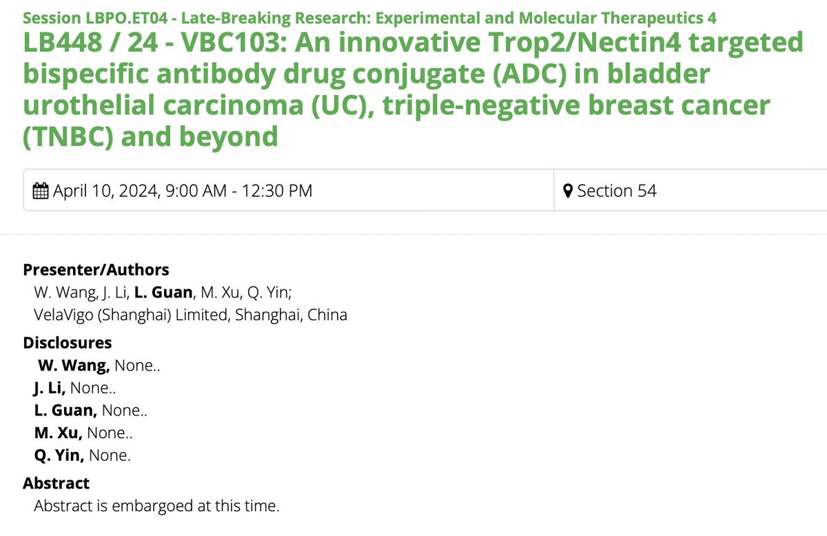 Very exciting abstract presentation at @AACR in San Diego: An innovative Trop2/Nectin4 targeted bispecific antibody drug conjugate (ADC) in bladder urothelial carcinoma (UC), triple-negative breast cancer (TNBC) and beyond 🔍This innovative bispecific Trop2/Nectin4 targeting ADC…