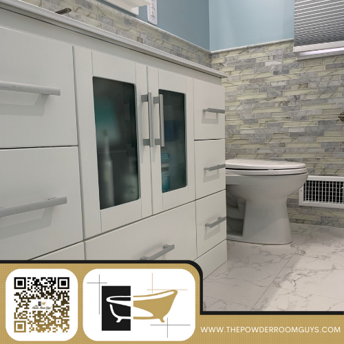 roomguys's tweet photo. This is no ordinary bathroom! It’s a Powder Room Guys Bathroom! View all our work from our website which you can go to right now by scanning the QR code! https://t.co/9gMyBBrqvT