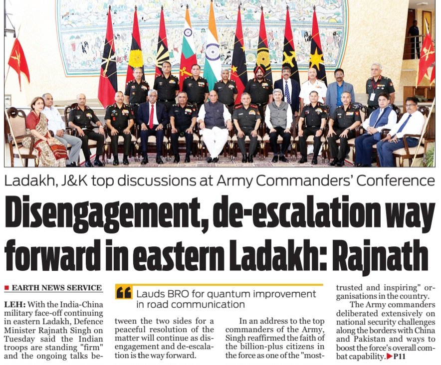 EarthNewsLadakh's tweet photo. #Ladakh, J&K top discussions at #ArmyCommanders’ Conference
#Disengagement,de-escalation way forward in #easternLadakh: #Rajnath
@narendramodi @rajnathsingh @lg_ladakh @adgpi @NorthernComd_IA https://t.co/SpqbV3hAIs
