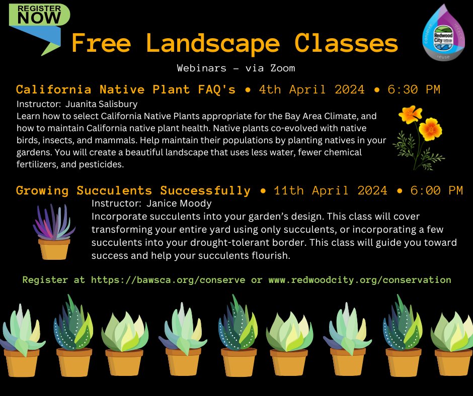 🚨 Don't forget to check out a free landscape class tomorrow, April 4! Registration closes at 4 p.m. on April 4. 👉 California Native Plant FAQ’s 📆 Thursday, April 4 🕕 6:30 - 8:00 p.m. 📍 Webinar via Zoom Click here to register: bawsca.org/classes_2.php?….