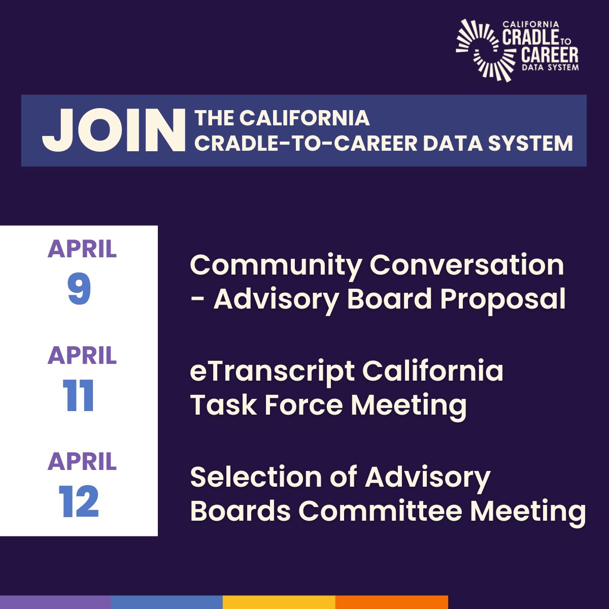 Mark your calendars for C2C's upcoming meetings this month! Learn more: c2c.ca.gov/meetings/ 🗓April 9: Community Conversation (virtual) - Advisory Board Proposal Process 🗓April 11: eTranscript California Task Force Meeting 🗓April 12: Selection of Advisory Boards Committee