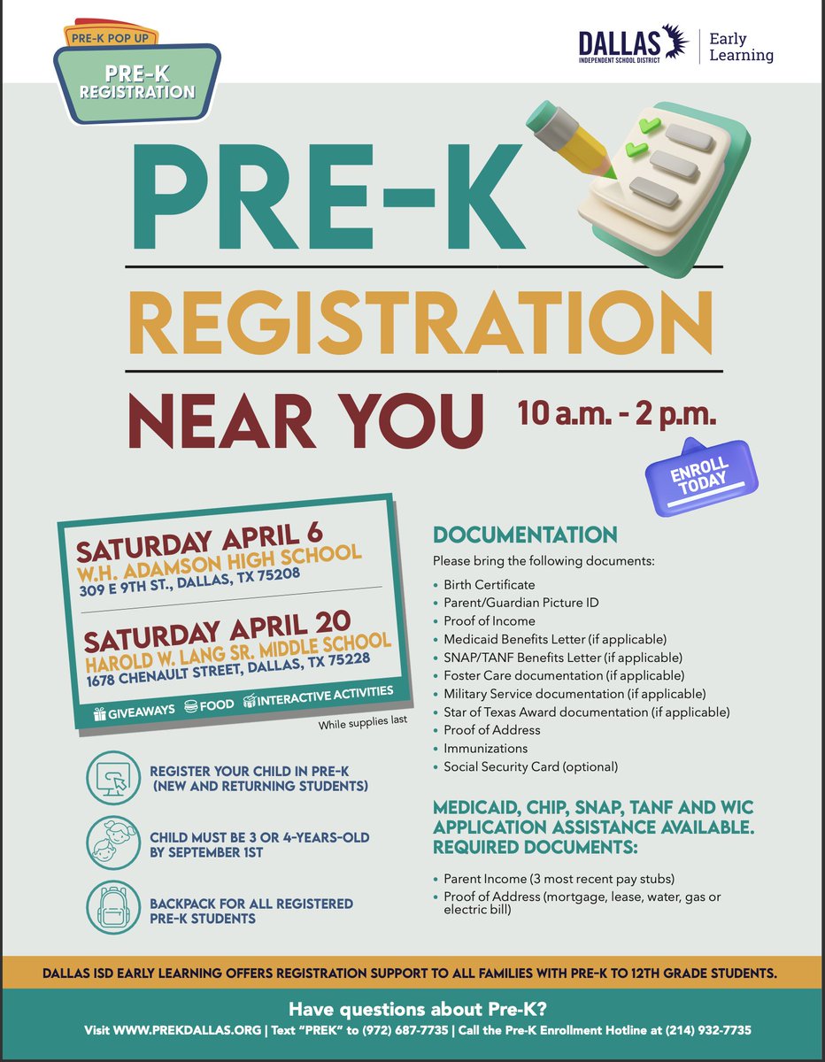 📚Join us this Saturday to register your students for pre-K! 🏫✨ 🗓️ April 6 🕙 10 a.m. - 2 p.m. 📍W.H. Adamson High School, 309 E 9th St., Dallas, TX 75208