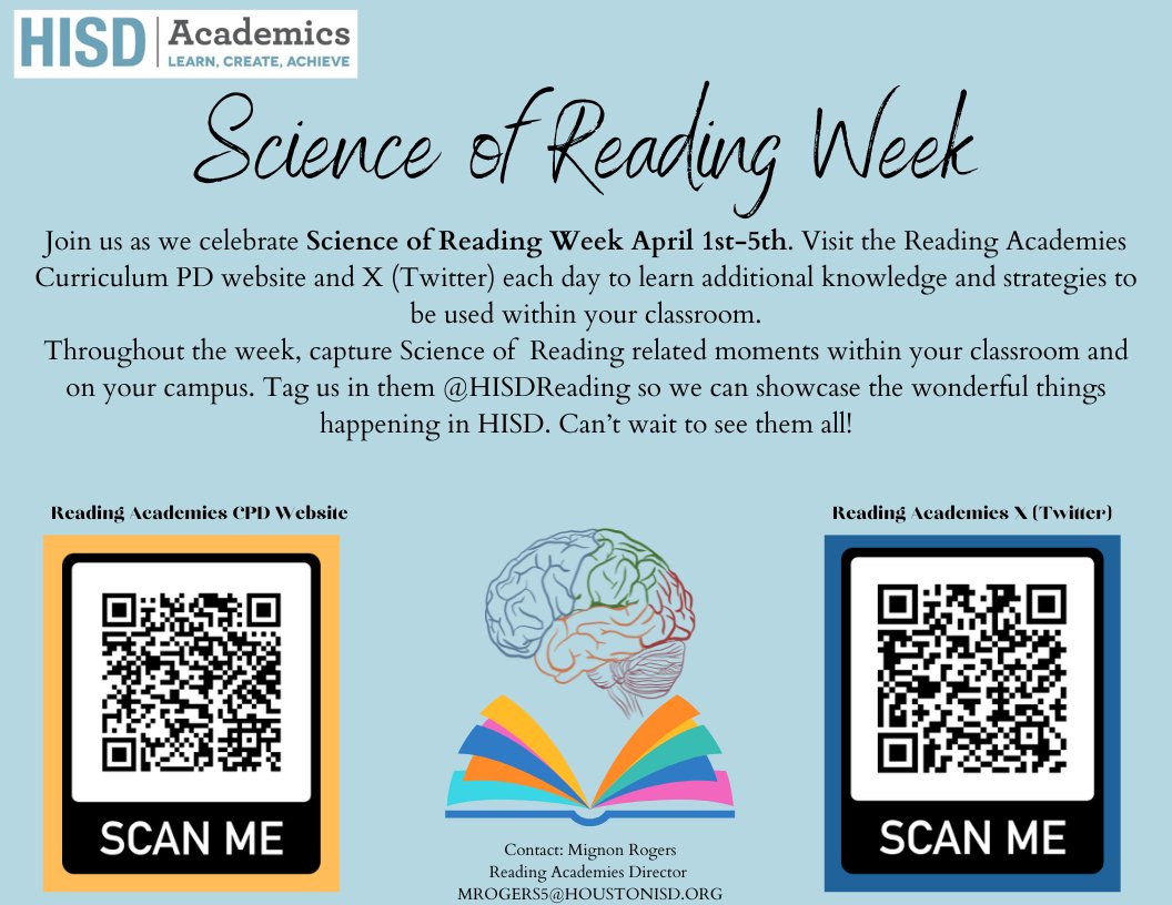 HISD's Science of Reading Week is April 1-5!😊🎉 Celebrate and gain knowledge & strategies that you can use in your classroom 🏫 by visiting the Reading Academies Curriculum PD website and 'X' daily. Take pics 📸 implementing SOR strategies and tag us @HISDReading 👏🏼😊 #hisdsor