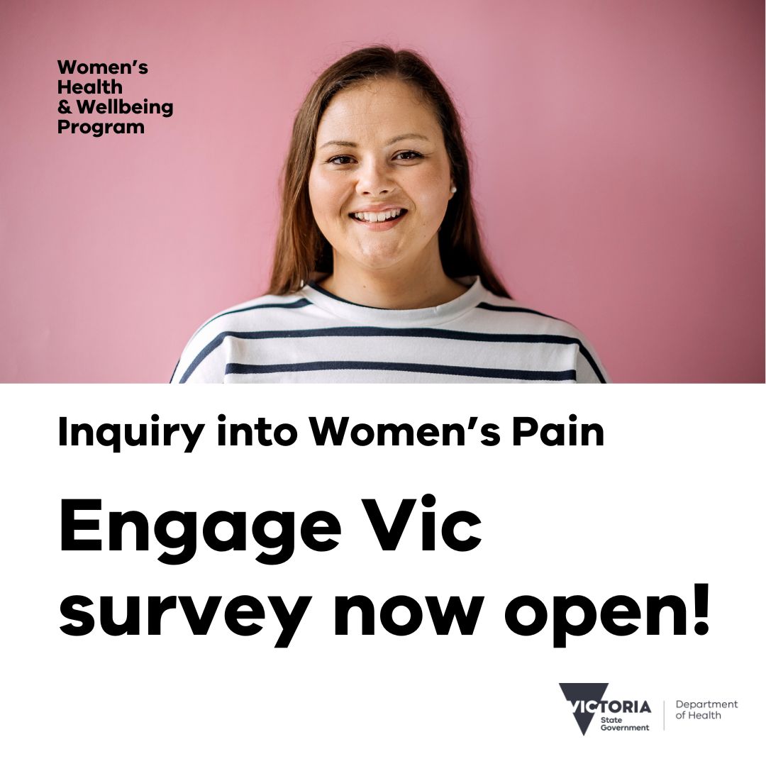 The Inquiry into Women's Pain survey is now open! To help address the significant challenges faced when seeking care for pain, we're now calling on Victorian girls and women to take part in a 10-minute survey. Survey link: bit.ly/3TuBzeO @SaferCareVic #WomensHealth