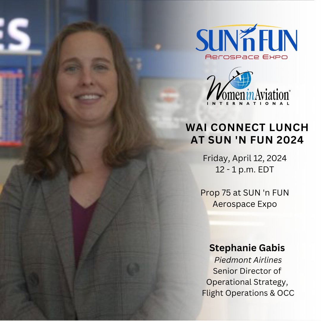 Make sure you secure your tickets for WAI Connect Lunch at SUN 'n FUN on Friday, April 12, 2024. Visit WAI.org/events/wai-con… for more information and tickets.

#SNF24 #WomeninAviationInternational #IamWAI #WeAreWAI #WomeninAviation