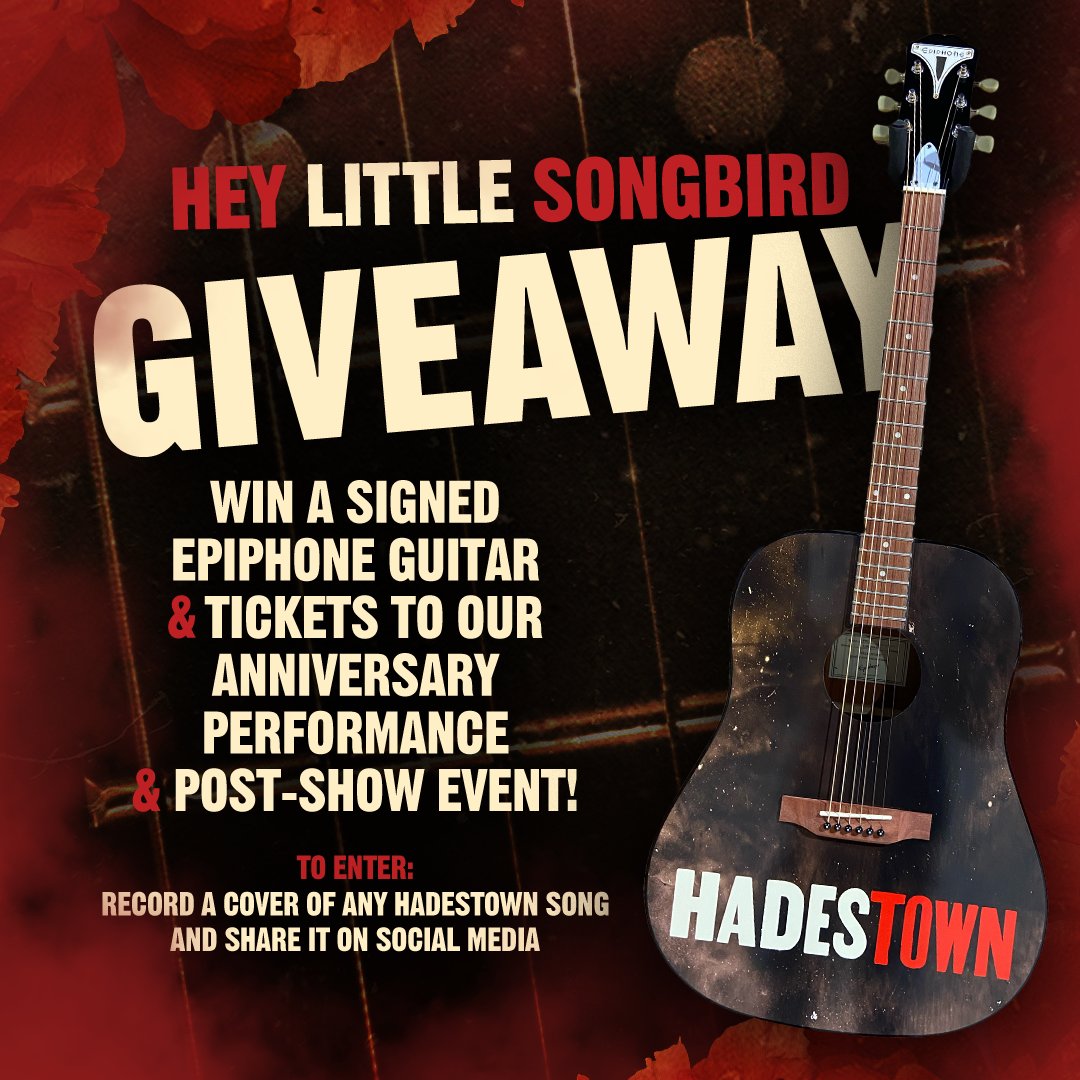 Are YOU workin’ on a song? To celebrate @Hadestown's 5th year on Broadway, we partnered to give away a pair of tickets for 4/16 and a custom wrapped Guitar to one lucky Songbird! Enter by sharing a Hadestown cover with #HeyLittleSongbird. Details HERE: hadestown.com/songbird