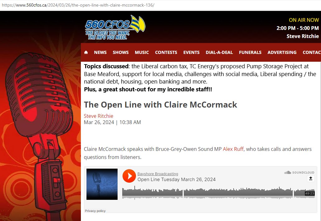 Open Line on 560 CFOS, #BruceGreyOwenSound callers wanted to discuss the Liberal carbon tax, TCE's proposed pump storage proj at Base Meaford, support for local media, the national debt, housing, open banking & more. Listen here: 560cfos.ca/2024/03/26/the… @NewsBayshore