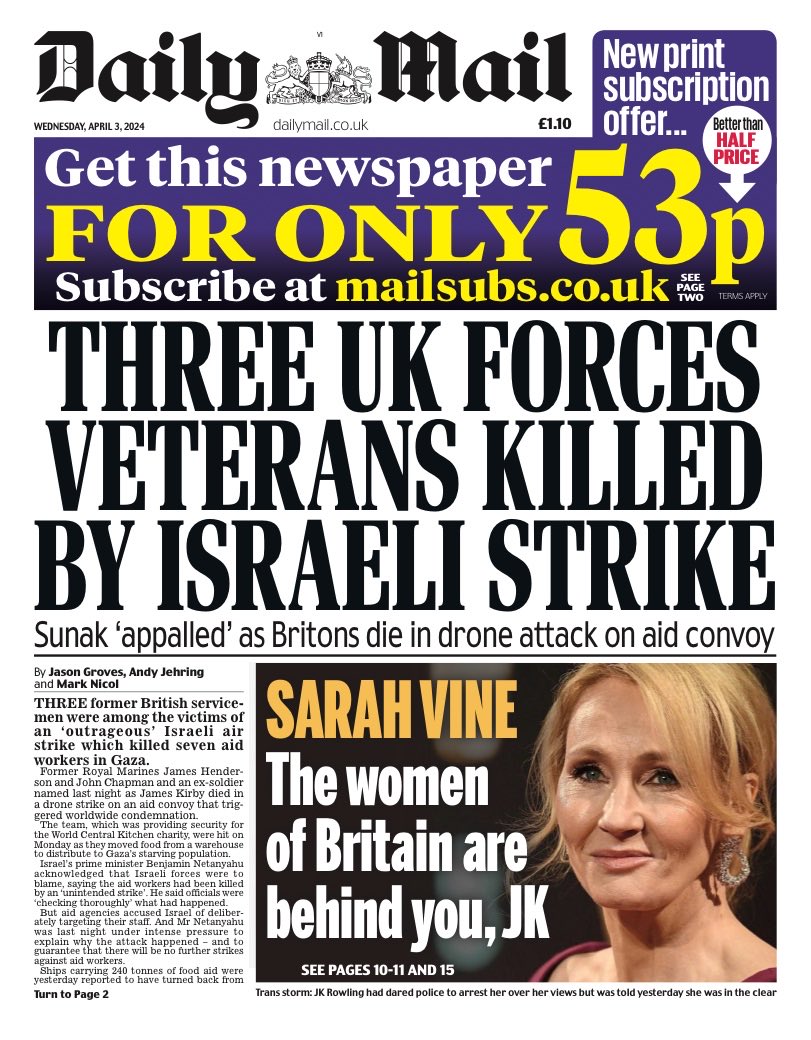 Wednesday’s Daily MAIL: “Three UK Forces Veterans Killed By Israeli Strike” #TomorrowsPapersToday